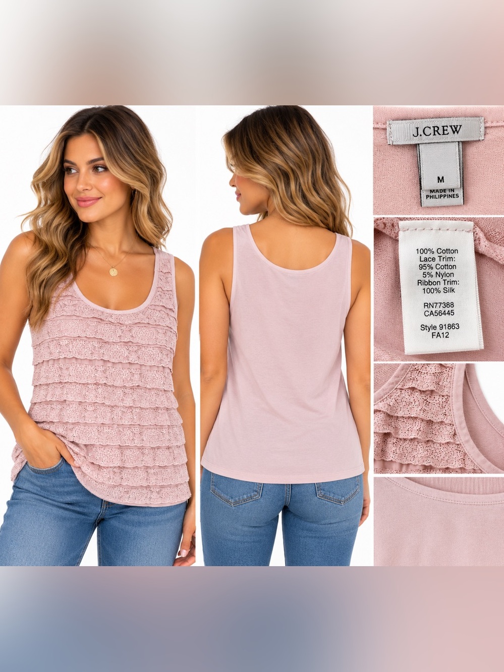 J.Crew Pink Lace Ruffle Tank Top Women’s Medium Cotton Silk Trim